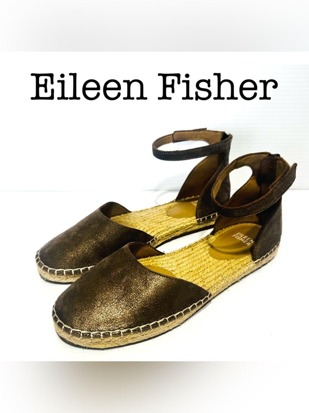 Eileen Fisher Jute Metallic Bronze Espadrille Ankle-Strap Flats Size 8